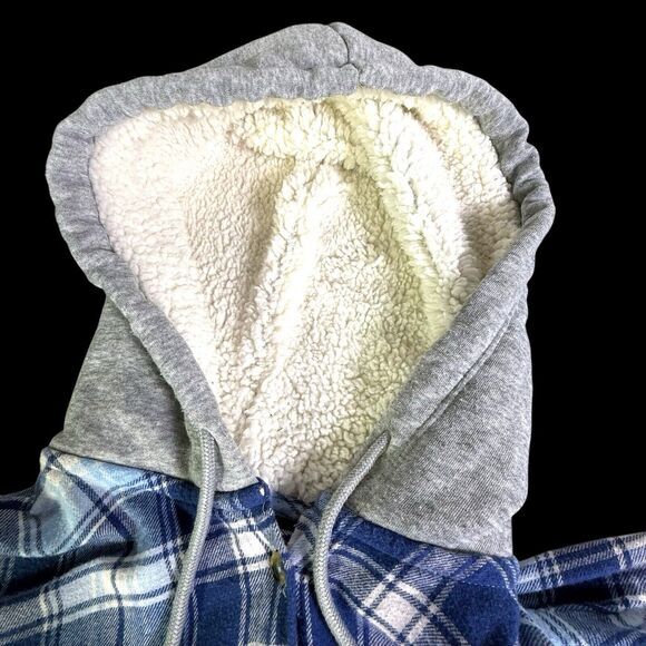 Flannel Faux Fur Hoodie Women Blue Plaid Button Up Long Sleeve Size XL (15-17) - Picture 7 of 10